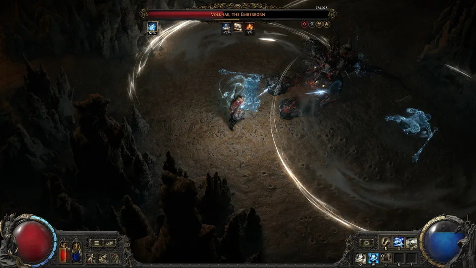 Path of Exile 2 boss fight against Volkhar, the Emberborn