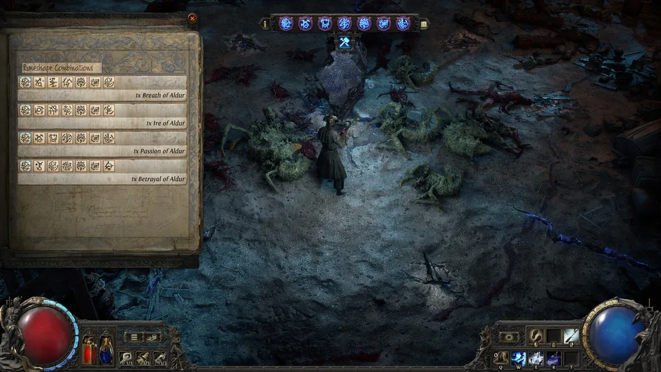 Path of Exile 2 gameplay with the runeshape crafting book open